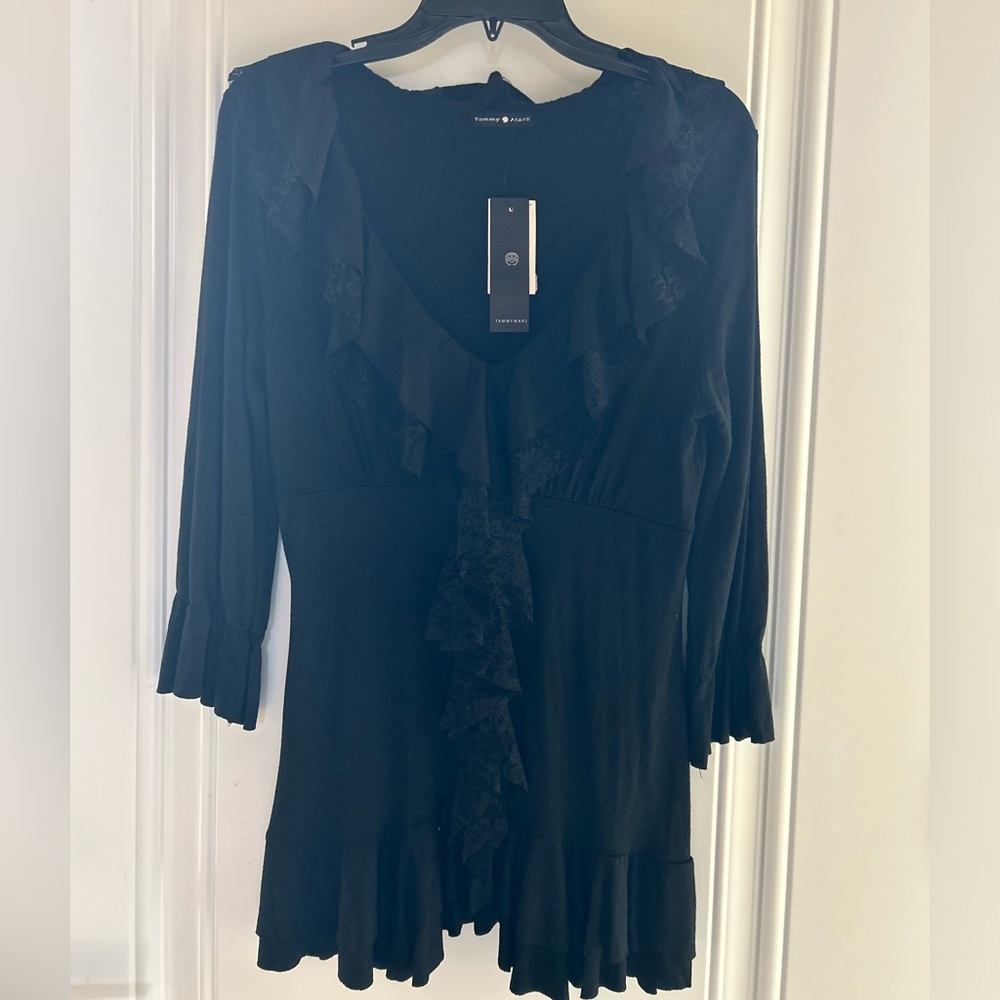 Tammy Mars Black Lace Ruffle Blouse in Size Large